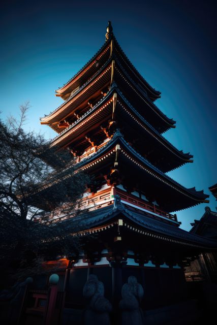 Traditional Japanese pagoda illuminated by soft evening light, showcasing its intricate wooden structure. This serene scene underlines the beauty of historical Japanese architecture, making it ideal for use in travel brochures, cultural documentaries, and educational materials related to Asian heritage and history. The tranquil atmosphere and elegant silhouettes add a sense of calm and contemplation, perfect for backgrounds or thematic design elements focusing on tranquility and cultural appreciation.