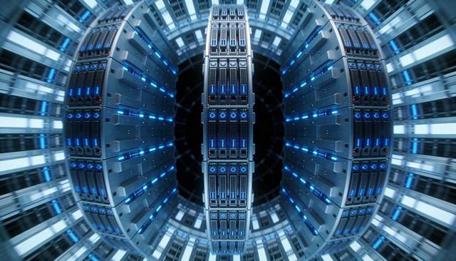 Circular High-Density Server Array Powering AI Data Center with Blue LED Illumination