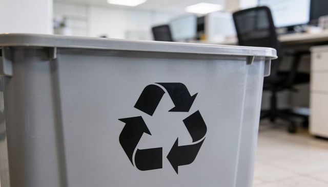 Gray recycling bin highlighting office sustainability in modern open-plan workspace
