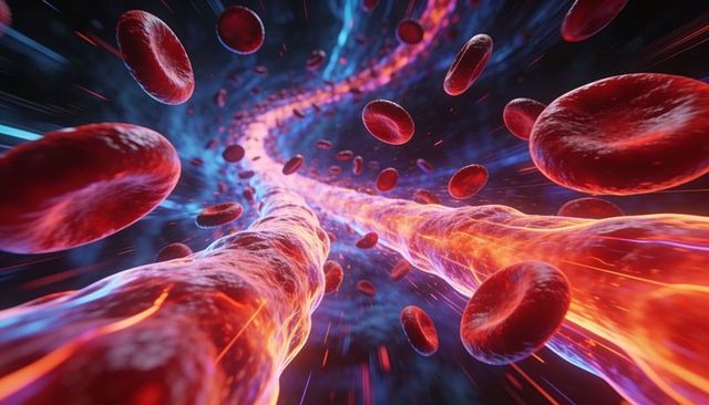 Pulsing microvessels carrying flowing red blood cells with neon glow and motion streaks