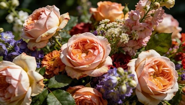 Sun-drenched peach-orange garden roses blooming with ruffled petals and purple stock