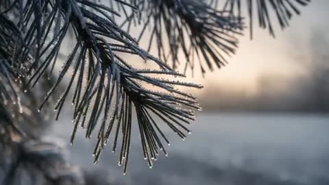 Sunrise melting frost on spruce needles with dripping ice crystals, macro nature footage