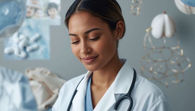 Serene female doctor reviewing patient chart in pediatric clinic wearing stethoscope