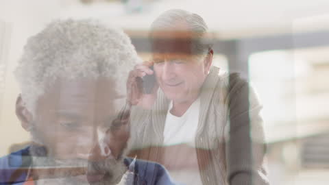 Senior Men Communicating on Phone, Layered Images Concept