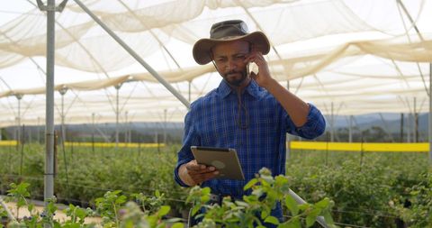 African American Farmer Using Technology in Greenhouse Setting