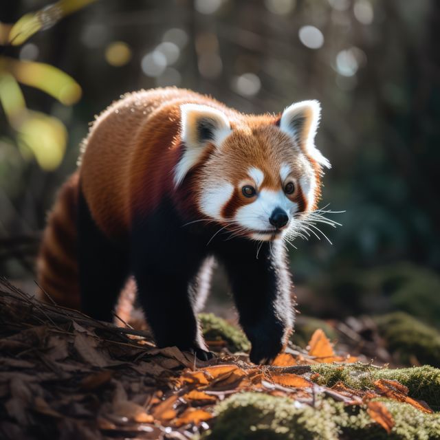 Red panda exploring forest floor covered with autumn leaves, sunlight filtering through trees in background. Ideal for use in wildlife conservation promotions, nature magazines, educational materials, and animal-themed social media posts.