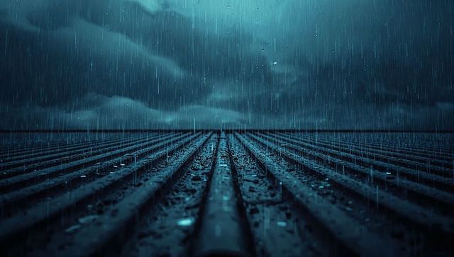 Stormy rain over corrugated metal roof with reflections