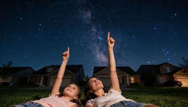Mother and daughter lying on suburban lawn gazing at milky way under starry night sky