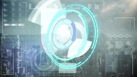 Futuristic Digital Interface Over Cityscape Hologram