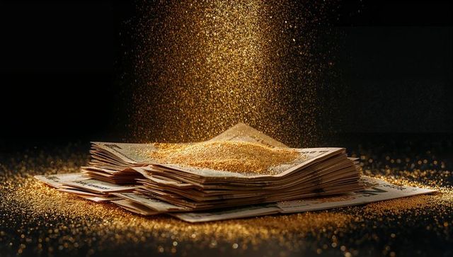 Gold glitter pouring over stack of us dollars creating sparkling wealth concept