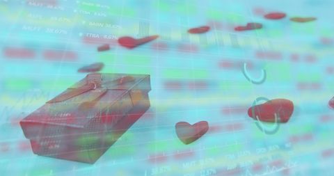 Gift box with technology overlay and heart symbols