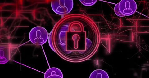 Neon cybersecurity lock with connected user nodes, network encryption, digital protection