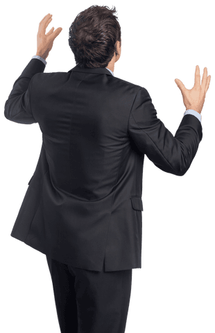 Caucasian businessman touches virtual screen on transparent background