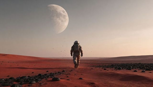 Lone astronaut walking across red dunes toward horizon under giant moon