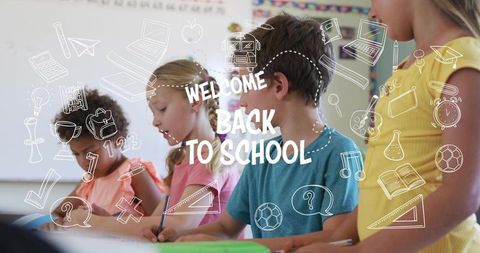 Elementary Students Writing in Classroom with Back to School Doodles and Teamwork