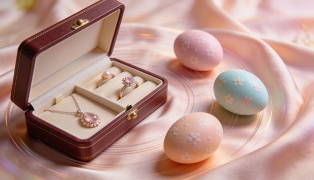 Maroon leather jewelry box featuring pink gem necklace, rings and pastel floral eggs
