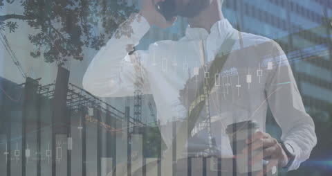 Businessman Using Smartphone with Financial Graph Overlay