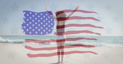 Celebration of Freedom at the Beach: Woman with American Flag