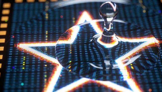 Glass droplet crown refracting pixel star on led display with rainbow prism bokeh