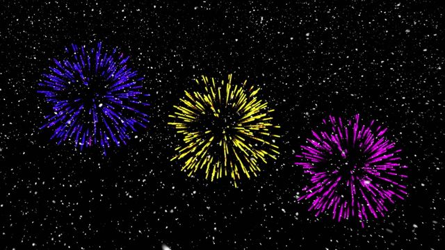 This vibrant animation showcases multicolored fireworks in the night sky, set against a backdrop of falling snow. Ideal for digital greetings, festive holiday messages, and any celebration requiring a backdrop filled with holiday cheer and vibrant, animated elements. Perfect for creative projects, social media posts, or web page headers to capture a festive and celebratory atmosphere.