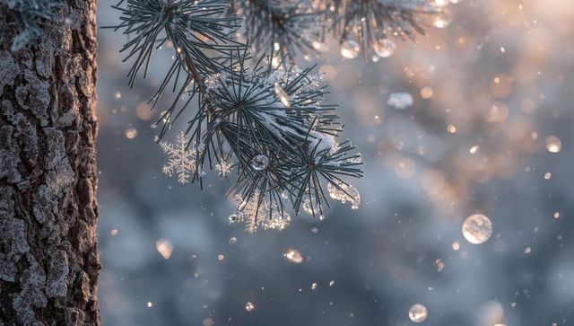 Pine branch catching golden backlight with sparkling snowflakes and ice crystals