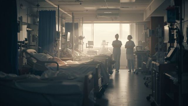 Backlit hospital ward with silhouetted nurses walking down dim icu corridor with patient beds