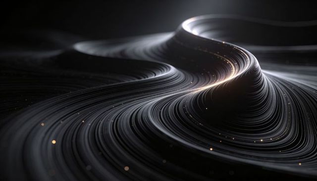 Flowing Curving Metallic Ribbon with Golden Glow and Particle Trail on Dark Void