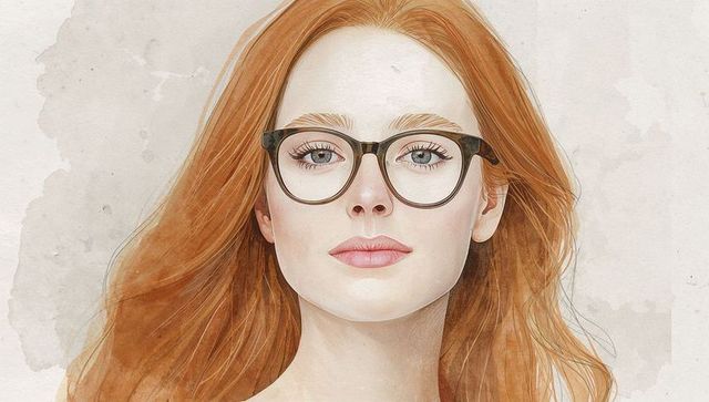 Artistic watercolor portrait of red-haired woman with glasses