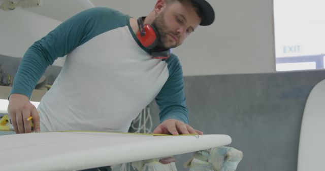 Caucasian man measures a surfboard in a workshop. He's focused on crafting the perfect board for surfing enthusiasts.