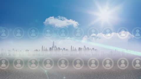 Digital Network Overlay on Urban Cityscape under Blue Sky