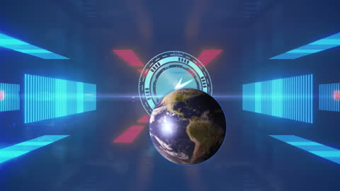 Futuristic Neon Clock Animation with Digital Globe