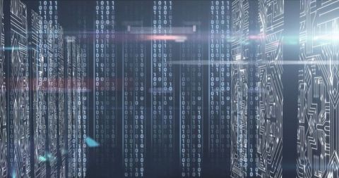 Digital binary code with dynamic light trails in a technological background