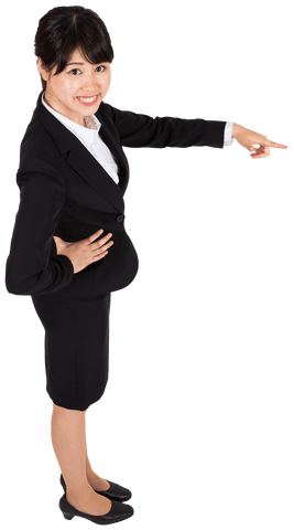 Businesswoman smiling and pointing, isolated on transparent background. Useful for presentations, promotions, and business materials requiring a visual representation of success and positivity. Ideal for use in marketing campaigns focused on professional attitude and directional elements.