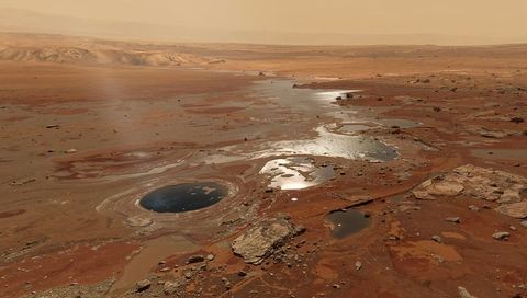 Reflective martian basin with circular pool on red desert plain for sci-fi themes