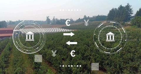 Augmented reality fintech overlay displaying currency exchange over orchard greenhouses