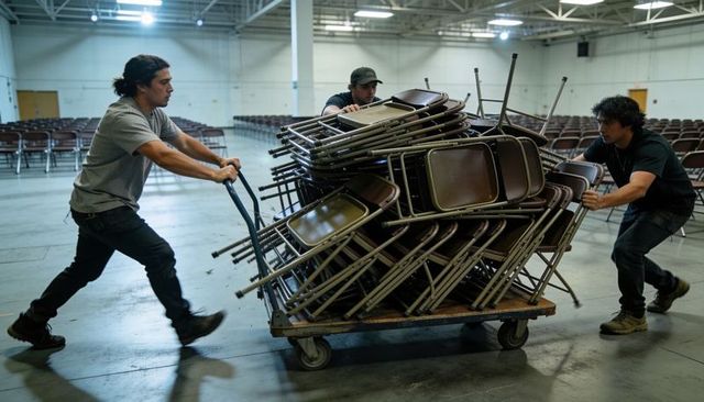 Three men pushing and stabilizing dolly loaded with stacked folding chairs for venue setup