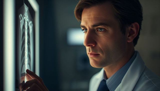 Radiologist analyzing chest x-ray in clinical setting, expertise and focus