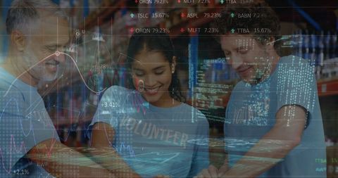 Diverse Volunteers Collaborating with Digital Financial Data Overlay