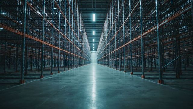 Vast Empty Warehouse With Metal Racks and Industrial Lighting