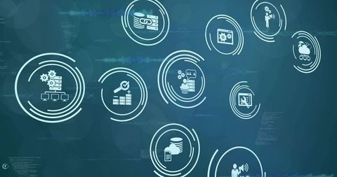 Animating circular tech icons on teal-blue digital dashboard showing cloud, servers, analytics