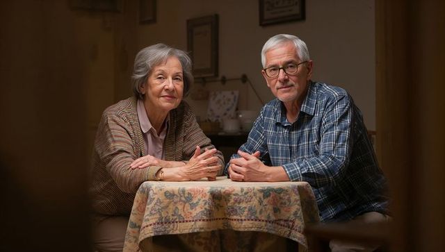 Senior couple sitting at kitchen table sharing quiet evening, warm homey companionship and comfort
