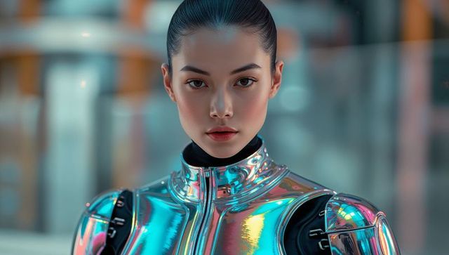 Futuristic woman in holographic suit in hi-tech corridor