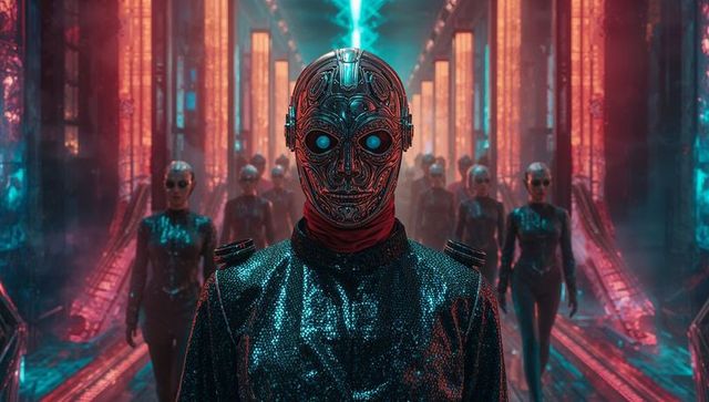 Futuristic Androids in Neon corridor with Glowing Visors