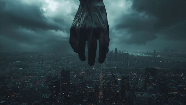 Giant Hand Loosing Over Stormy Futuristic Cityscape at Night