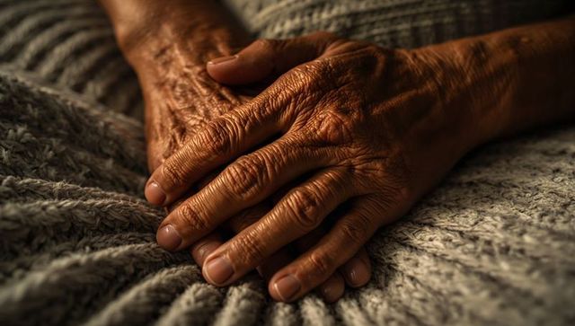 Elderly hands resting on gray knit blanket showing wrinkles, age spots and warm light