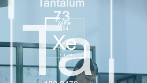 Businesswoman Surrounded by Animated Science Elements in Office