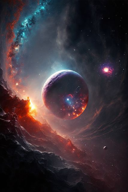 Image of planet, stars and outer space and sky, created using generative ai technology. Spacescape, cosmos and galaxy concept digitally generated image.