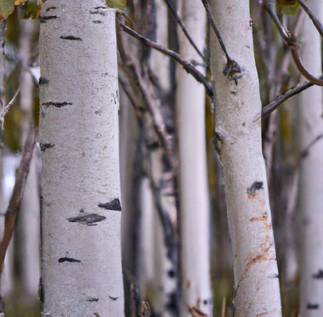 Close up of aspen trees and green leaves in forest. Nature, harmony and forest concept.