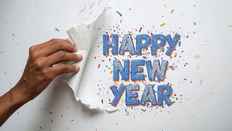 Hand Peeling Paper Revealing Bold Blue Happy New Year Confetti Typography Celebration