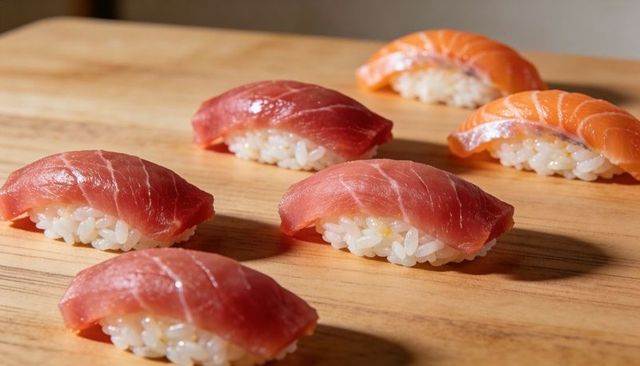 Glossy tuna and salmon nigiri on wooden board with warm lighting and rice closeup